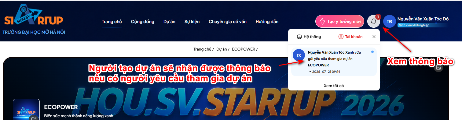 Sinh viên tạo dự án sẽ nhận được thông báo nếu có người yêu cầu tham gia phát triển dự án